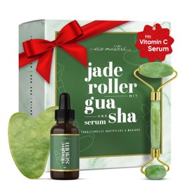 eco masters Jade Roller mit Vitamin C Serum & Gua Sha - Premium Jade Stein - Massage Roller gegen Augenringe und Falten - Hautpflege Set - Skin Care Set - Gesichtsmassagegerät
