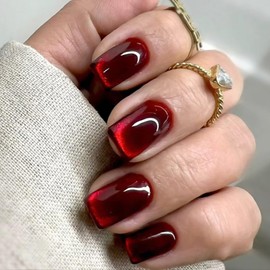 24pc Red Cat Eye False Nails - Glue-on Short Square Tips - Dark Red Glitter Stick-ons - Full Cover Press-on Acrylics - Nail Art for Women w/glue