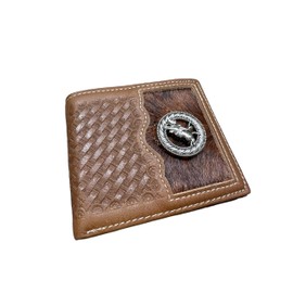 Western Stakes Mens Cow Hair Cowboy Bull Rider Concho Basketweave Bifold Western Leather Wallet High End Hand Stitched Leather Style Mens Wallets Leather Bull Rider Rodeo Gifts For Men (Brown)