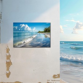 Blue Beach Wall Art, Sunny Coastal Sea Landscape Picture, Ocean Beach Theme Canvas Print Modern Seascape Paintings for Office Bathroom Living Room Wall Art Decor, Framed Seaside Artwork 12x18 Inch