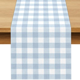 Buxiuer Dusty Blue Gingham Table Runner Light Blue Checkered Boy Girl Baby Shower Birthday Party Decoration Home Dining Kitchen Island Decor (13" x 108")