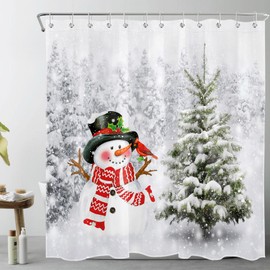 LB Cute Snowman Christmas Shower Curtain Decor, Winter Nature Landscape Snowy Forest Shower Curtain for Bathroom 72X72 inch Polyester Fabric Bathroom Decoration Bath Curtains Hooks Included