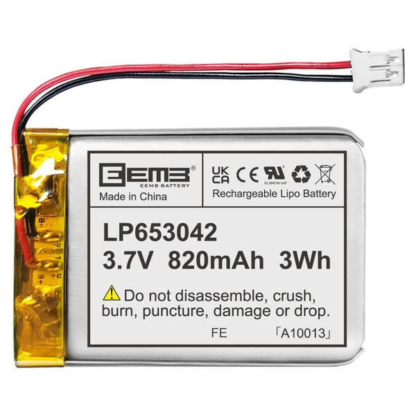 EEMB Lithium Polymer Battery 3.7V 820mAh 653042 Lipo Rechargeable Battery Pack with Wire JST Connector for Speaker and Wireless Device- Confirm Device & Connector Polarity Before Purchase