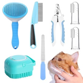 Cat Grooming Kit | Dog Brush for Shedding with Nail Clipper and File - Include Pet Flea Comb and 2 Finger Toothbrushes, Complete Hair Care Set