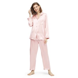 LilySilk Real Silk Pajamas for Women Comfy Two Piece Set Long Sleeve 19 Momme Pure Mulberry Natural Silk Sleepwear Ladies Light Pink Size XL