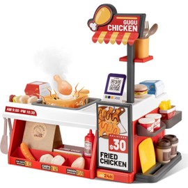Kids Kitchen Food PlaySet - Simulated Fried Chicken Fast Food Store Toy with Cash Register, Includes Color-Changing Food, Suitable Birthday Gift for Boys and Girls Aged 3-5