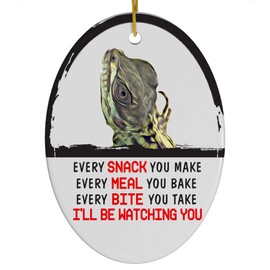 Every Snack You Make I'll Be Watching You Sailfin Dragon Lizard Christmas Ornament - Funny White Oval Ceramic Decoration Gifts for Lizard Lovers