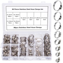 80 Pcs Hose Clamps 6-51mm Adjustable Hose Clip Jubilee Clips Collet de Serrage Tuyau 304 Stainless Steel Pipe Clamps Assortment Kit