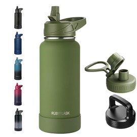 RUBYFLASK 32oz Insulated Water Bottle with Straw, Stainless Steel Metal Vacuum Water Flask, Large Thermos Water bottle with Leakproof 3 Lids for Travel, Camping, Gym Sports Armygreen