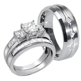 Mabella His Tungsten Hers Sterling Silver Princess Cut CZ Wedding Ring Band Set - 12, 8