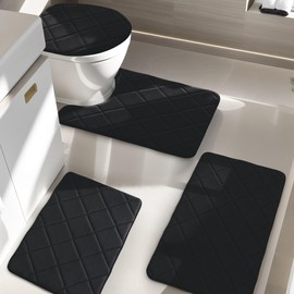 YIHOUSE Black Bathroom Rugs Sets 4 Piece, Non Slip Memory Foam Bathroom Rugs, Machine Wash Bathroom Mat Set, Water Absorbent Bath Rug Set for Tub, Toilet and Floor