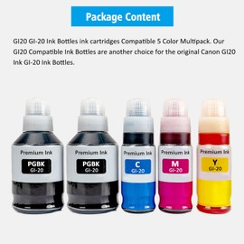 GI20 GI-20 Ink Bottles 5 Color Multipack High Capacity Compatible for Canon PIXMA G5020 G6020 G7020 MegaTank Printers 170ml Black Ink Refill 70ml C/M/Y Ink Refill