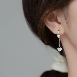 SLUYNZ Sterling Silver CZ Heart Small Hoop Earrings Chain for Women Heart Hoop Earrings Dangle Chain Love Huggie Earrings Earrings, Sterling Silver