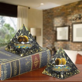 mookaitedecor Tiger's Eye Stone Crystal Pyramid with Obsidian Tumbled Stones Crystal Ball and Tree of Life Symbol, Chakra Energy Generator for Protection Reiki Healing Meditation Office Home