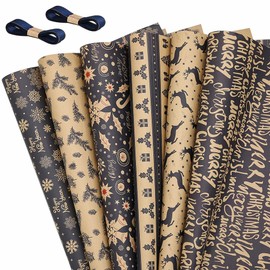 LIAPAWPAW 12 Sheets Christmas Wrapping Paper Set w/Ribbon, Vintage Blue Brown Kraft Gift Wrapping Paper, Snowflake Deer Patterns, Recyclable Thick Holiday Gift Wrap Paper for Xmas, New Year, Hanukkah
