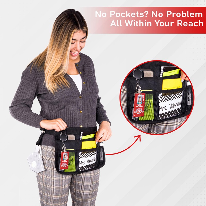 Schoolbelt Premium Teacher Apron / 8 Varied Pockets/ID Sleeve/Drink Pouch/Retractable
