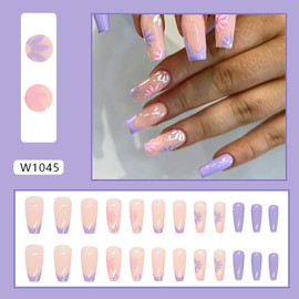 Vezocim Press on Nails Coffin with Flower Designs, 24Pcs Artificial Short Purple Square Fake Nails with Glue, Full Cover Glossy Acrylic Floral False Nails, Stick on Fingernails for Women (W1045)
