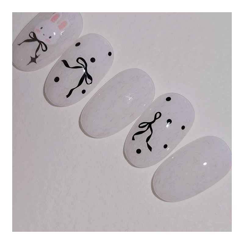 Mono Rabbit Handmade Nail Tips Knit Gel Ribbon Dot Nails