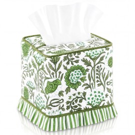 Lounsweer Agate Green Hand Block Printed Cotton Tissue Box Cover Floral Ruffle Decorative Square Boho Reusable Napkin Holder for Home Dining Bathroom Kitchen Office Cafe Spa Bedroom Living Room