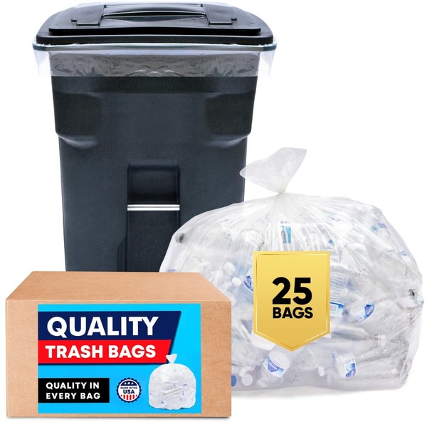 95 Gallon Trash Bags Clear (Huge 25 Count w/Ties) 95-96 Gallon Extra Large Trash Bags, Clear Recycling Trash Bags, 90 Gallon
