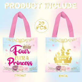 20Pcs Four Ever a Princess 4th Birthday Gift Bags, Princess Party Favor Non-woven Bags Castle Candy Goodie Bag Pink Princess Gift Bag for Girl Birthday Party Supplies