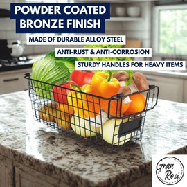 Granrosi Stackable Large Wire Baskets for Organizing — Set of 2 Snack & Chips Organizer for Pantry; Wire Storage Baskets with Handles; Large Bronze Chip Storage for Pantry