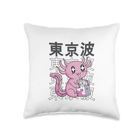 TOKYO WAVES Cute Axolotl Strawberry Milk Kawaii Aesthetic Anime Throw Pillow, 16x16, Multicolor