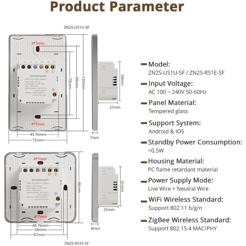 Yagusmart Zigbee Smart Fan Switch, 1 Gang 1 Way, Speed