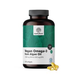 HealthyWorld Vegan Omega-3 1100 mg - Oil from Schizochytrium Algae - DHA and EPA in Optimal Ratio 2:1 - 120 Soft Capsules - 2 Month Supply - With Vitamin E