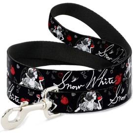 Buckle-Down Pet Leash - SNOW WHITE Apple Poses/Butterflies Black/Gray/Red - 6 Feet Long - 1.5" Wide
