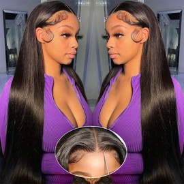FTQZKEY 7X5 Straight Lace Front Wigs No Glue Hd Lace Front Closure Ready to Wear Wigs 220% Density Natural Black 30 Inch Wear and Go Glueless Wigs Human Hair Pre Plucked Pre Cut