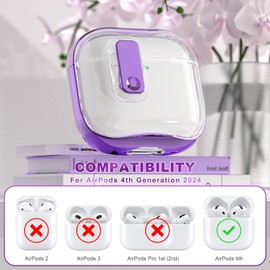 RFUNGUANGO (with Safety Lock) Transparent Protective case for Airpods 4th Generation, Soft TPU Transparent Airpods 4 Protective case - with Cleaning kit, White Lanyard, Purple