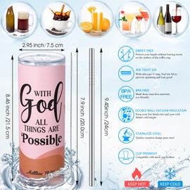 Qinyoung 3 Pcs Christian Inspirational Gifts Set Boho All Things Are Possible with God Tumbler Religious Makeup Bags Bible Verse Keychain Gift, 20 oz Stainless Steel Tumbler for Women Employee Teacher