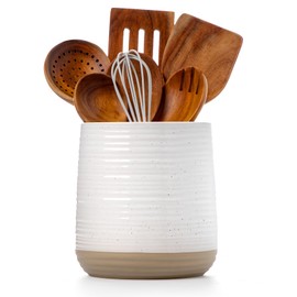 Officepal 6.8" Large Ceramic Kitchen Utensil Holder - Utensil Holder for Kitchen Counter, Modern Farmhouse Style Holder for Spoons, Spatulas & Cooking Tools (White)