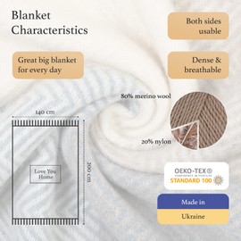 LYHome Merino Wool Blanket - Large Throw Bedspread for Sofa Bed, Single Double Size, Cosy Throws for Sofas & Beds, Soft and Warm Blankets Picnic (55x79 in | 140x200 cm | Blue - Grey Chevron Squares)