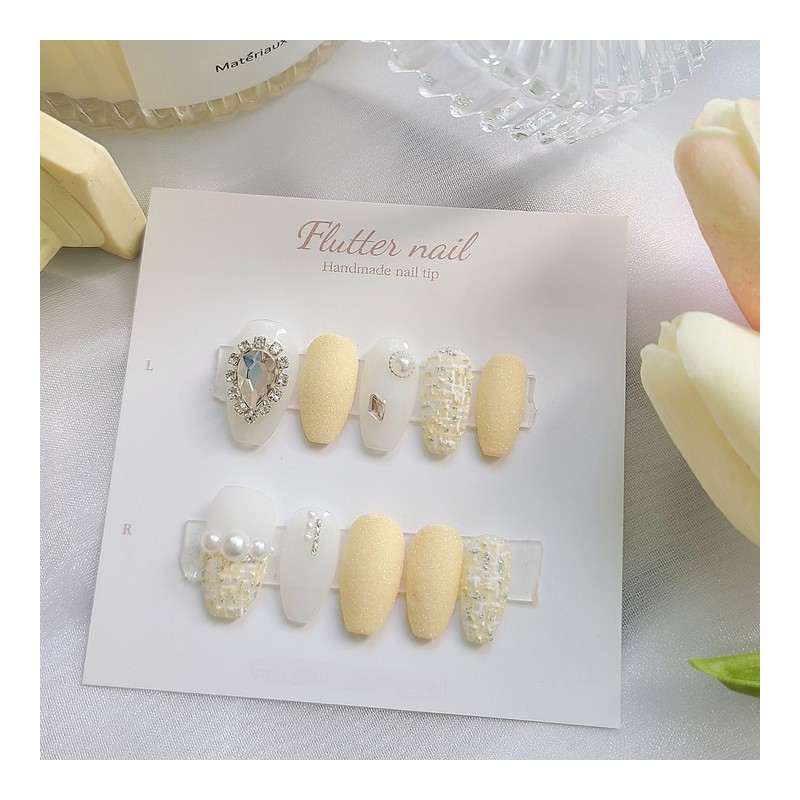 Yellow tweed pearl handmade nail tip - long ballet /