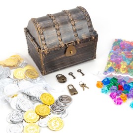 AiFanS Treasure Chest for Kids Prizes,Plastic Treasure Chest with 320 Treasure Gold Coins and Gems/Jewels- Perfect for Pirate Themed Parties and Games