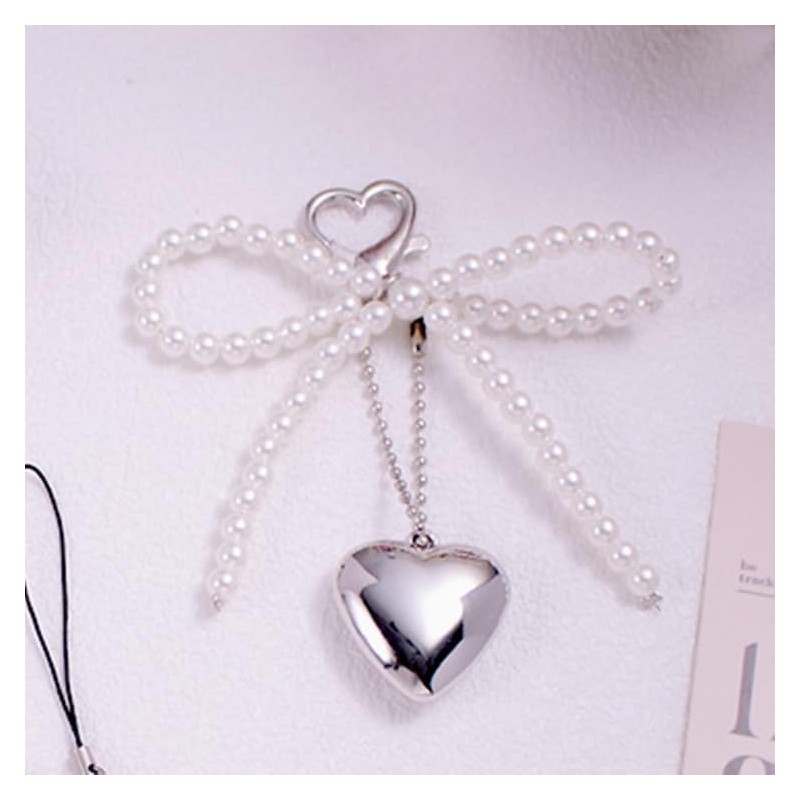 88flix Keychain, Pearl Charm, Heart Charm, Pearl Ribbon, Silver, Stylish,