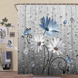 Xguatan Rustic Farmhouse Blue Floral Shower Curtain, Farm Daisy Flowers and Butterfly Shower Curtain for Bathroom, Country Blue Gray Fabric Boho Shower Curtain Set with 12PCS Hooks, 70X70IN