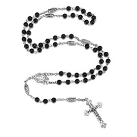 Rnivida Catholic Black Beads Rosary Virgin Mary Rosary Necklace with Jesus Crucifix, Miraculous Mary Medal Rosary Prayer Gifts for Women