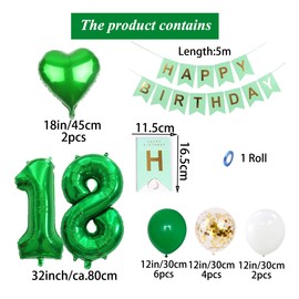 SNOWZAN Balloons 18th Birthday Decoration Green 32 Inch Giant Numbers Balloons, Latex Foil Balloons Pack of 17 (Green)