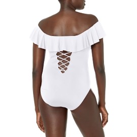 La Blanca Women's Standard Island Goddess Off Shoulder Ruffle One Piece Swimsuit, White, 8