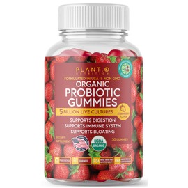 Plant.O Organic Probiotic Gummies for Women, Men & Kids [5 Billion CFUs USDA Certified] Help Support Digestion, Bloating, Constipation & Immune System, Strawberry Flavor, 30 Chewable Probiotics