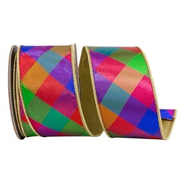 Reliant Ribbon Check Jewel Tone Deluxe Metallic Backed Wired Edge Ribbon, Multi