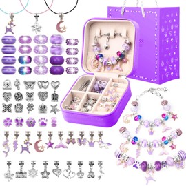 Girls Bracelet Making Kit, A Perfect Birthday Gifts for girls age 6 7 8 9 10, Jewelry Making Kit with Jewelry Box, Fun and Easy to Make, Cute Sparkling that Inspires Creativity and Self-Expression (Purple with Jewelry Storage Box)