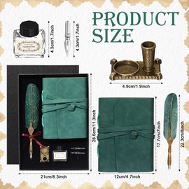Mooliwe 6 Pcs Vintage Leather Bound Journal Feather Pen Set Christmas Gifts 220 Pages Vintage Journal Diary Leather Notebook Feather Pen in Gift Box(Dark Green)