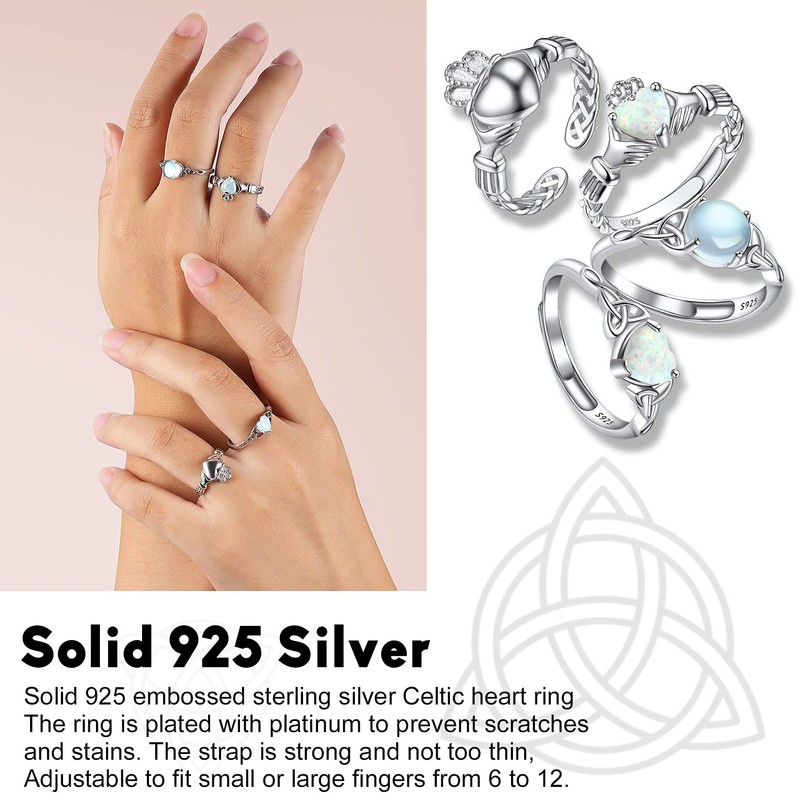Suplight 925 Sterling Silver Adjustable Stackable Celtic Knot Claddagh Heart
