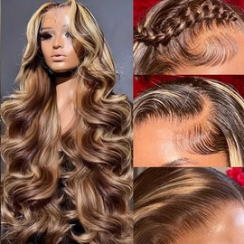 26Inch Ombre Lace Front Wig Human Hair 200%Density Blonde Highlight Wig Human Hair Pre Plucked 4/27 Highlight Lace Front Wigs Human Hair 13x4 HD Lace Brown Highlighted wig（Piano Colored Body Wave）