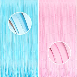 BRAVESHINE 2PCS Gender Reveal Decoration Party Curtain Backdrop - 3.3x8.2ft Pastel Pink and Blue Foil Fringe Curtain Streamers Boy or Girl Party Backdrop Baby Shower Birthday Party Supplies