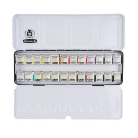 Schmincke - AKADEMIE®AQUARELL Watercolor Box, Full Assortment 24 x 1/2 Pans, 75 424 097, Metal Box, Highly lightfast Colors, fine Artists' Watercolors